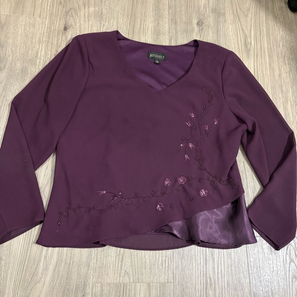 Studio I Purple Beaded Embellished Evening Blouse Top Long Sleeve Sz 18 Chiffon - Picture 5 of 14